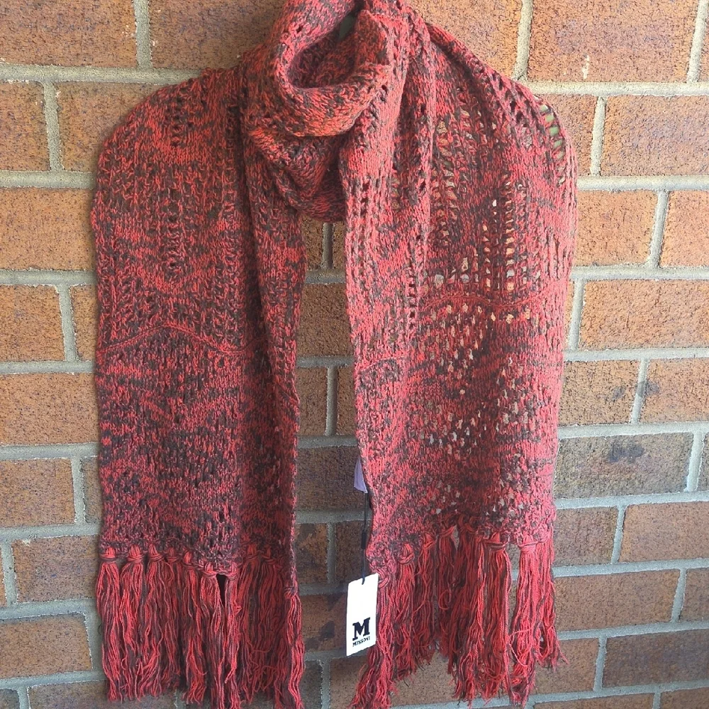 Missoni Coral-Red Knit Fringe Scarf - NWT - Picture 7 of 9